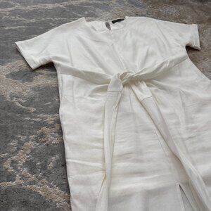 White Short Sleeve Midi Dress with Waist Tie (Size: Small)